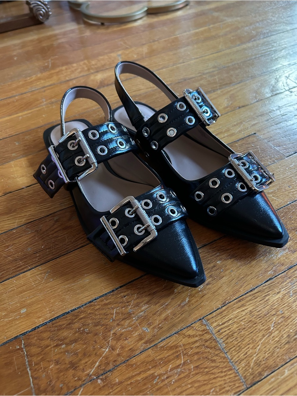 Urban Outfitters Black Pointed Slingback Flats with Buckle & Eyelet Detail